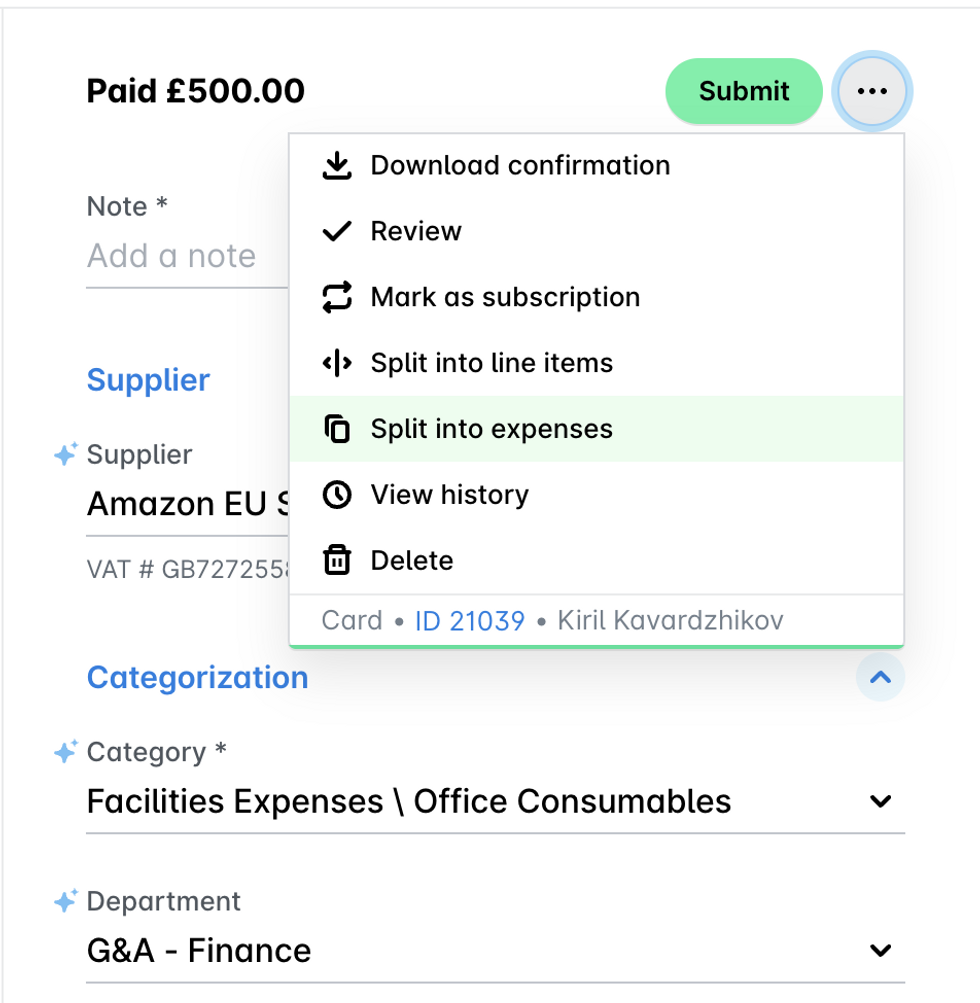 Screenshot of Payhawk product user interface showing Expense Splitting